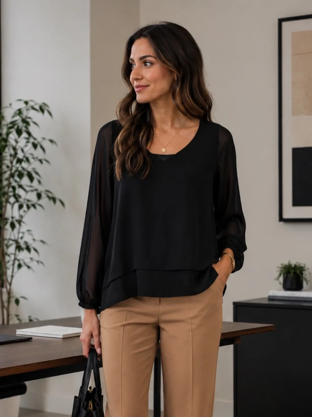 Michael Kors Women's Black Sheer Blouse XS Long Bishop Sleeve Layered Hem